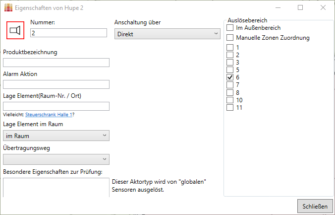 Eingabemaske für Eigenschaften eines Objekts, hier eines Aktors.